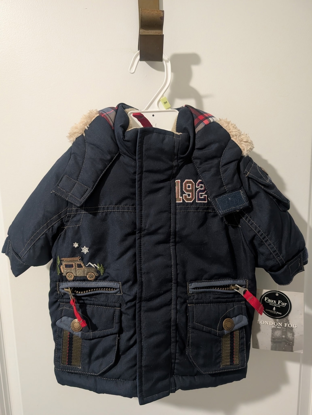 London Fog Navy Puffer Jacket with Faux Fur Hood Trim